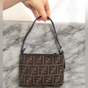 Fendi Vintage Brown Canvas Zucca Print Mini Handbag Pouch
